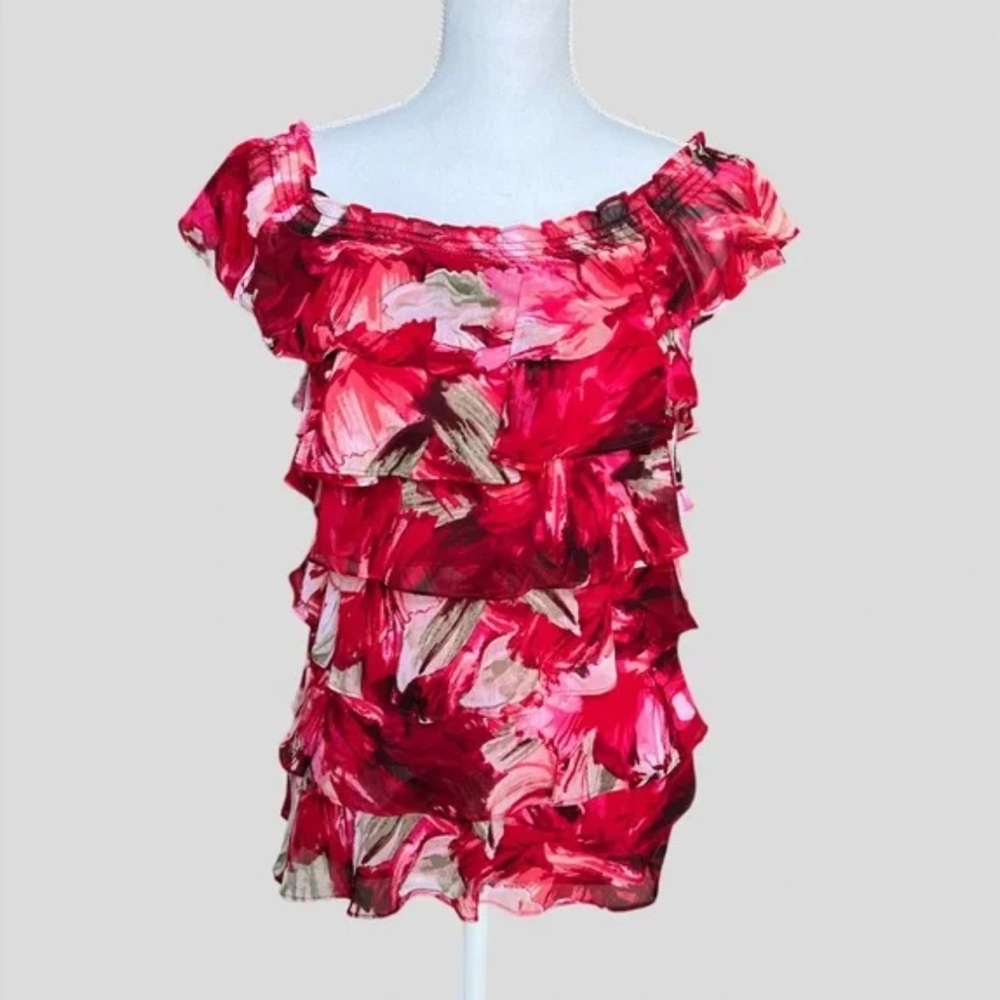 White House Black Market Rose Tiered Floral Off Shoulder Shirt Blouse Flowy M